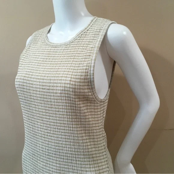 Aritzia Wilfred Verona Dress Beige White Gingham Seersucker Midi Slit Women L - Picture 3 of 7